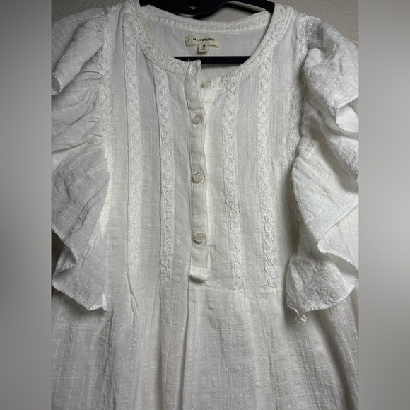Max Studio White Ruffle Mini Dress. Cotton/Rayon Blend. Embroidery/Buttons chest - Picture 11 of 12